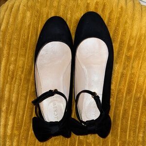 J. Crew Black Suede Bow Ankle-Strap Flats with Rounded Toe